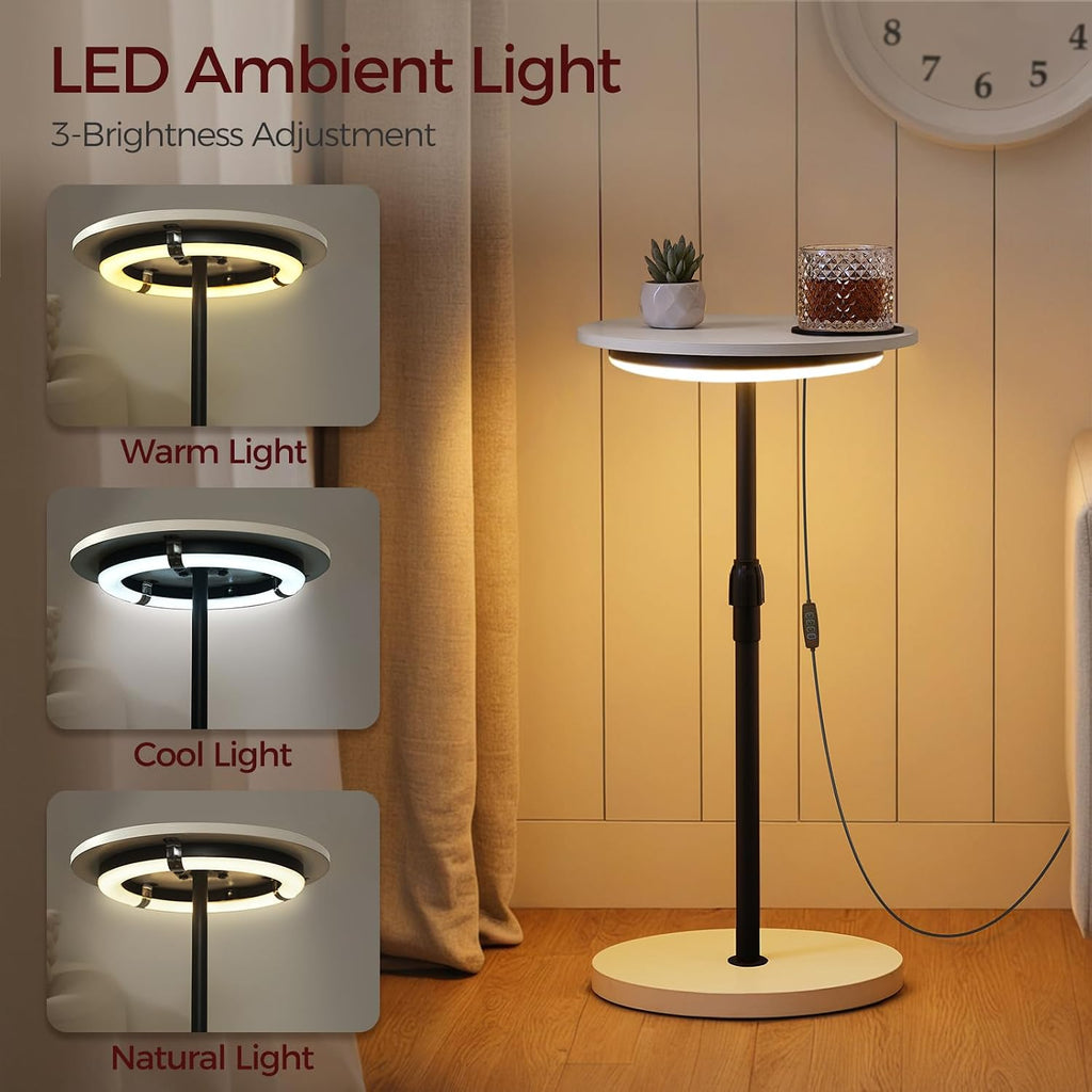 MAHANCRIS Small Round Side Table, Adjustable Height Drink Table, Pedestal Side Table with LED Light and Cup Mat, Coffee Martini Table, for Small Spaces, White and Black ETHW32E01