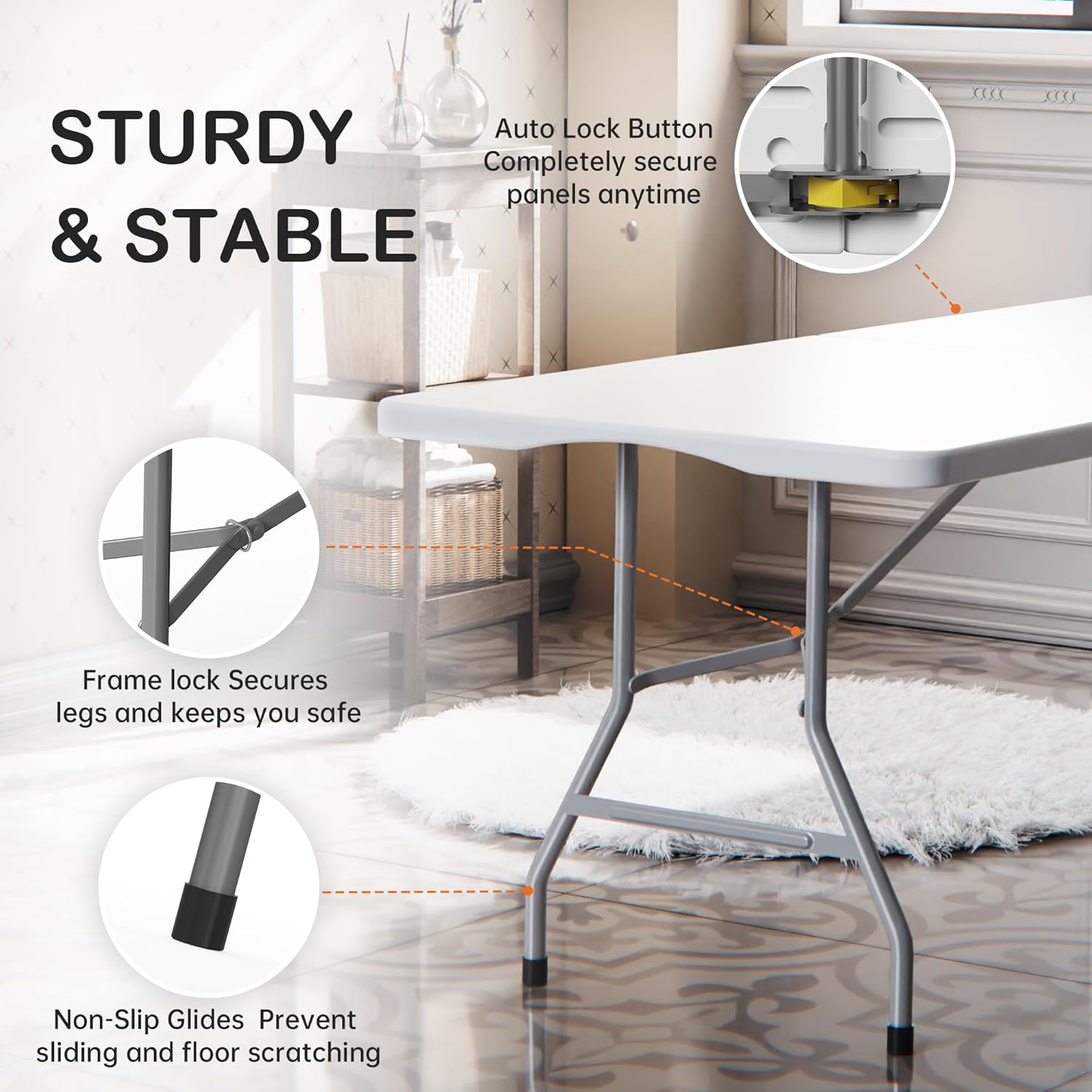 VSOAEIL Set of 2 6 Foot Folding Table for Indoor Outdoor, Portable Heavy Duty Fold-in-Half Utility Plastic Foldable Dining Table with Carrying Handle for Picnic, Camping and Party, 2 Pack White