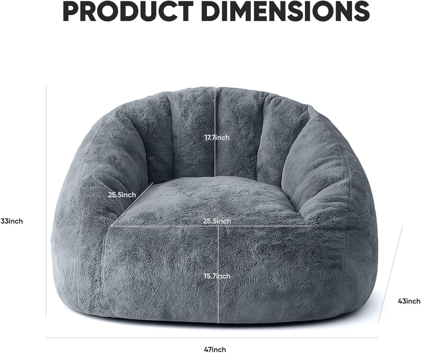 Bean Bag Chair, Shell-Shaped Bean Bag Couch for Adults, Giant Bean Sofa with High-Rebound Memory Foam, Chair with Faux Fur Removable Cover, Big Sofa for Reading, Gaming, Dark Gery