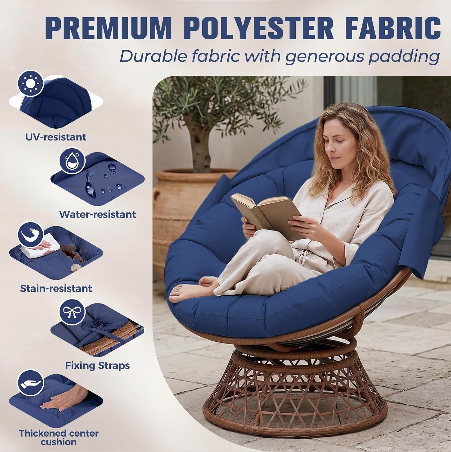GTPLAYER Outdoor Wicker Egg Chair PE Rattan Chair with Cushion, Oversized Patio Lounge Chair with Canopy Papasan Chair 360° Swivel Base for Outdoor, Indoor, Balcony, Backyard, Garden, Blue