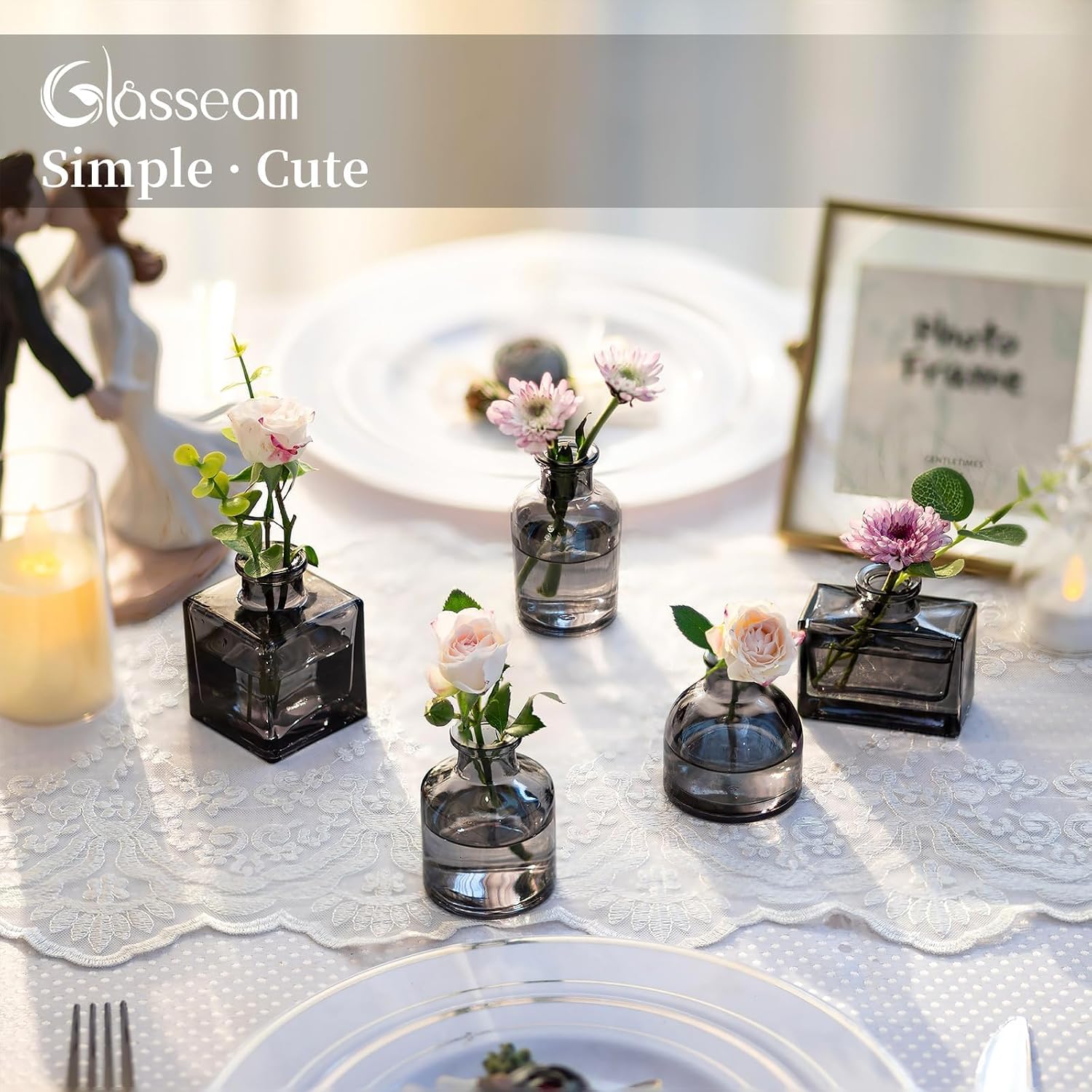 Glasseam Mini Bud Vases for Centerpieces: Clear Small Flower Vase Set of 20 Cute Tiny Glass Table Centerpieces Modern Wedding Birthday Party Baby Shower Dining Room Decoration Black Grey