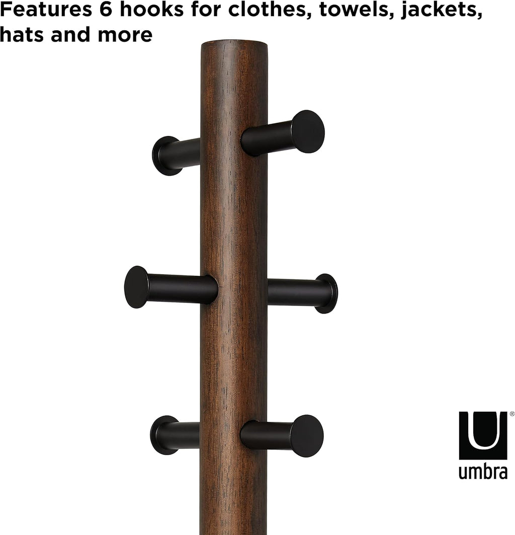 Umbra Pillar Coat Rack with Stool, Freestanding 6 Hooks, Black/Walnut | Rubberwood and metal construction, space-saving vertical design, no tools assembly, holds bags or plants