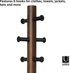 Umbra Pillar Coat Rack with Stool, Freestanding 6 Hooks, Black/Walnut | Rubberwood and metal construction, space-saving vertical design, no tools assembly, holds bags or plants