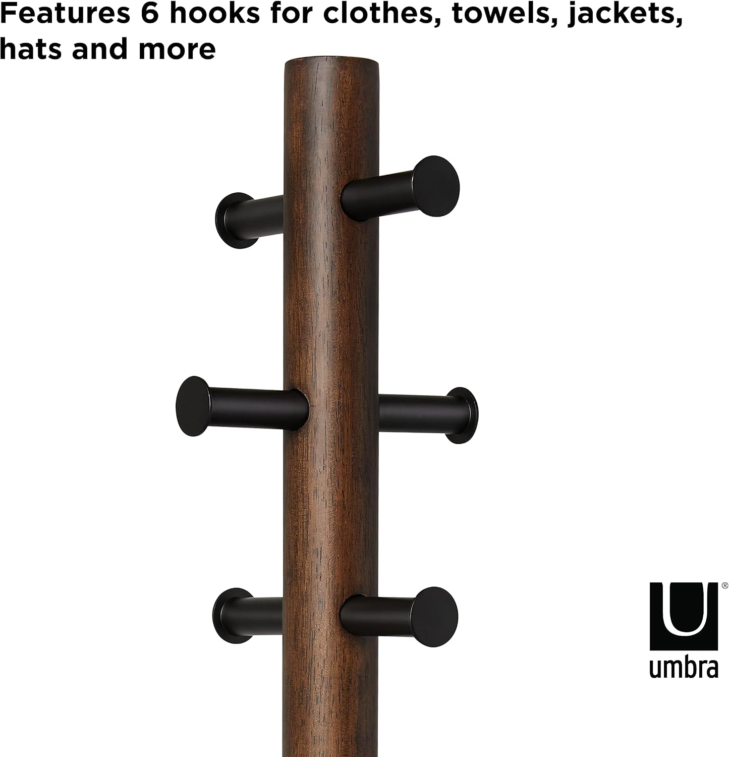 Umbra Pillar Coat Rack with Stool, Freestanding 6 Hooks, Black/Walnut | Rubberwood and metal construction, space-saving vertical design, no tools assembly, holds bags or plants