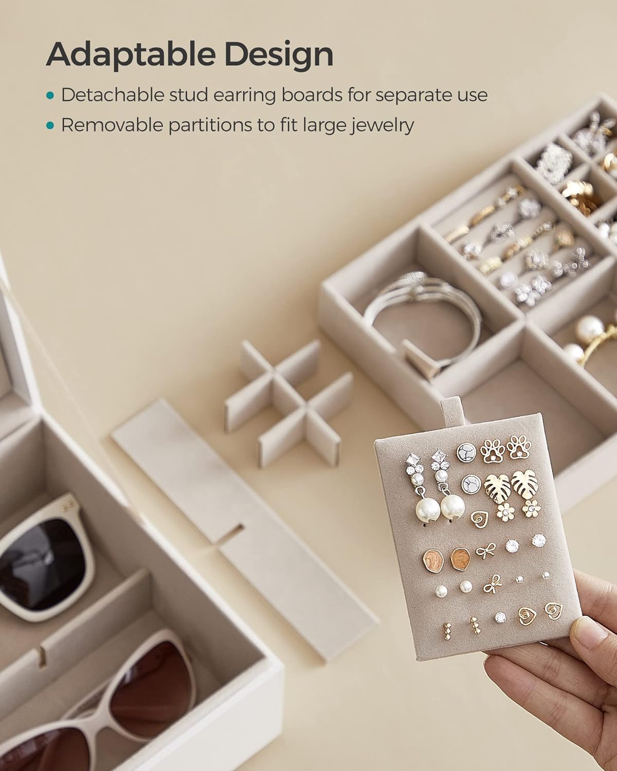 SONGMICS 2-Layer Jewelry Box, Jewelry Organizer with Handle, Removable Jewelry Tray, Jewelry Storage, Floating Effect, 8.1 x 9.4 x 4.3 Inches, Gift Idea, White UJBC165W01