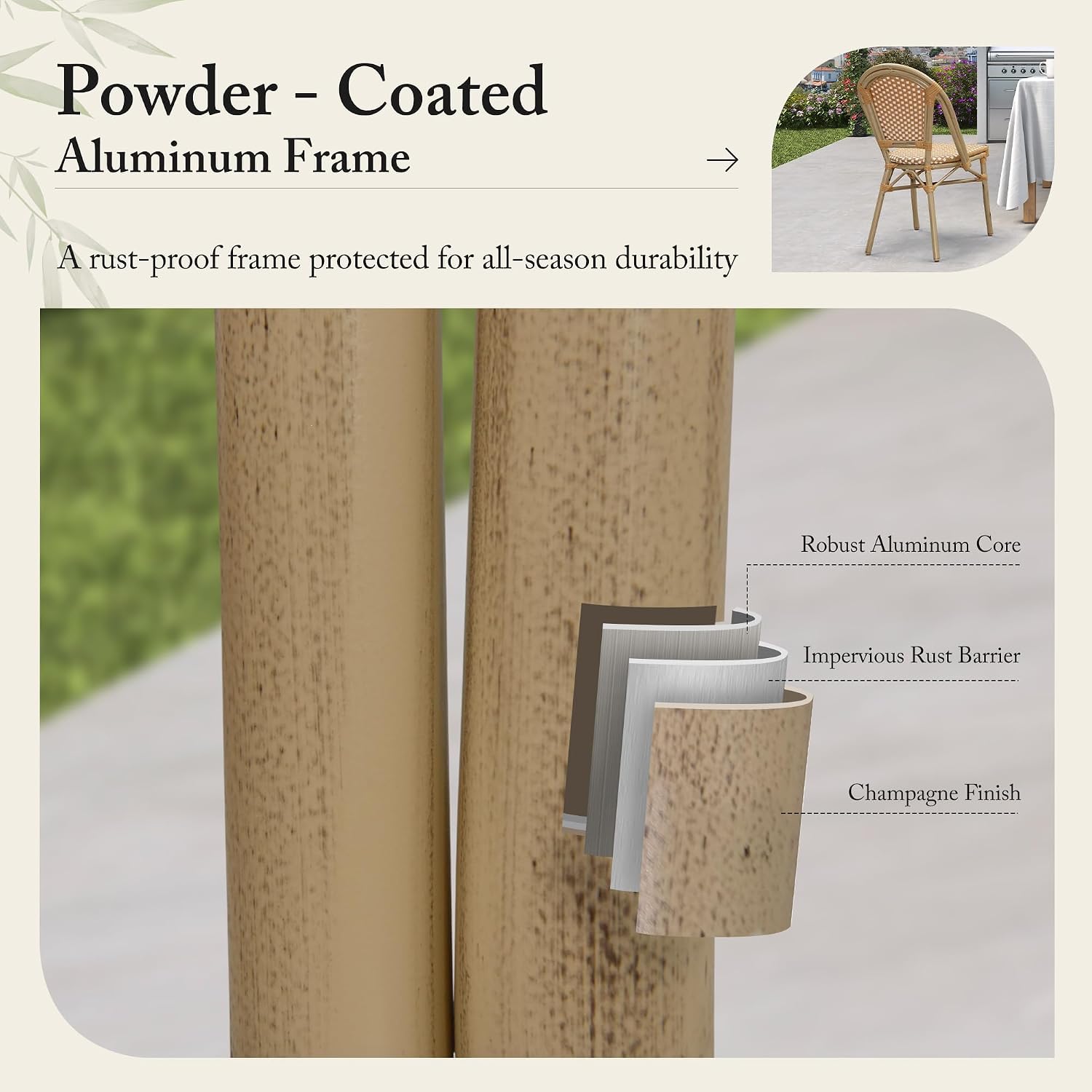 PURPLE LEAF Outdoor Dining Chair Set of 4 Patio French Aluminium Frame in Champagne Finish with Amber & White Woven Rattan for Indoor Kitchen Deck Bistros Cafe Restaurant