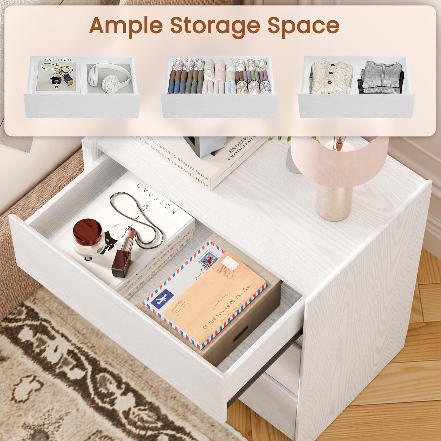 End Table with 3 Drawers,Bedside Table with Large Storage Cabinet, Modern Night Stand for Bedroom & Living Room, 23.6" W x 15.6" D x 25.2" H,White
