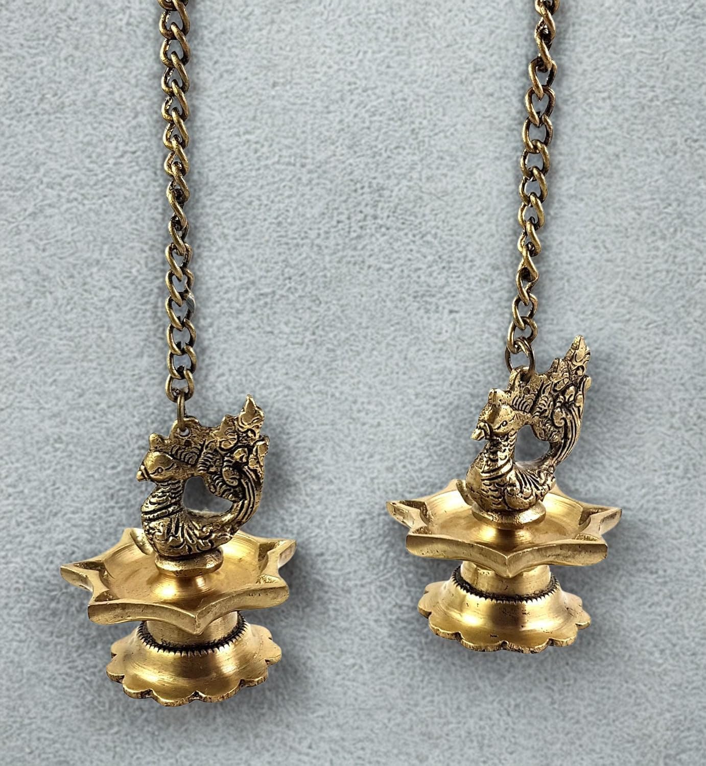 Rasakraft Brass Peacock Carved Hanging Diya Set, Antique Yellow, for Diwali Home Decoration, Pack of 2