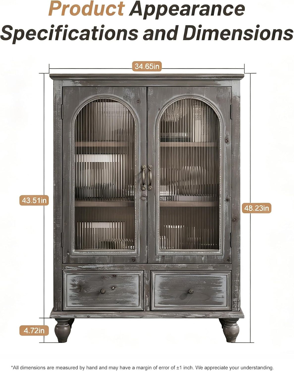 48" Farmhouse Sideboard Buffet Cabinet with 2 Drawers & 2 Glass Doors, Vintage Wood Credenza with Fixed Shelves, Kitchen Storage Cabinet for Dining Room & Living Room, Black+Grey