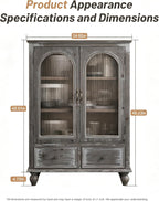 48" Farmhouse Sideboard Buffet Cabinet with 2 Drawers & 2 Glass Doors, Vintage Wood Credenza with Fixed Shelves, Kitchen Storage Cabinet for Dining Room & Living Room, Black+Grey