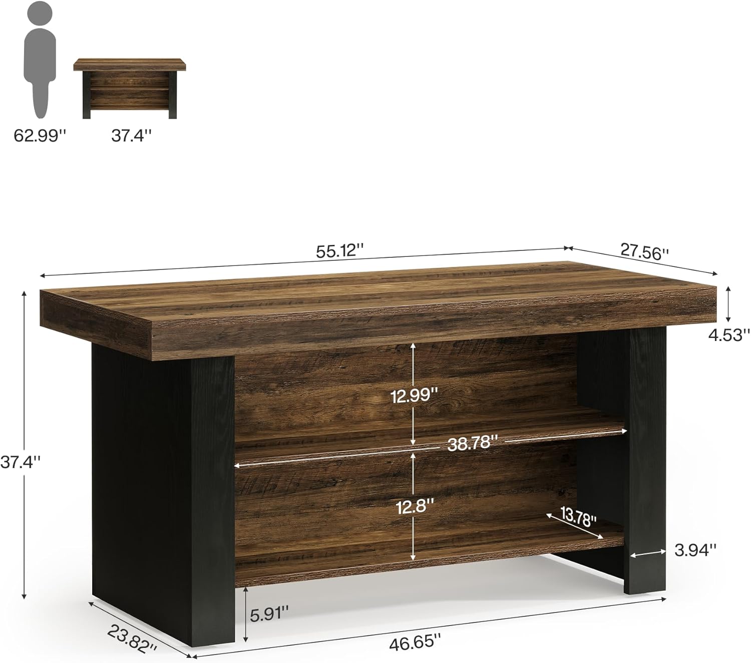 Tribesigns 55-Inch Kitchen Island with Storage, Farmhouse Center Island Table for Kitchen, Dining Room, Living Room, Brown & Black