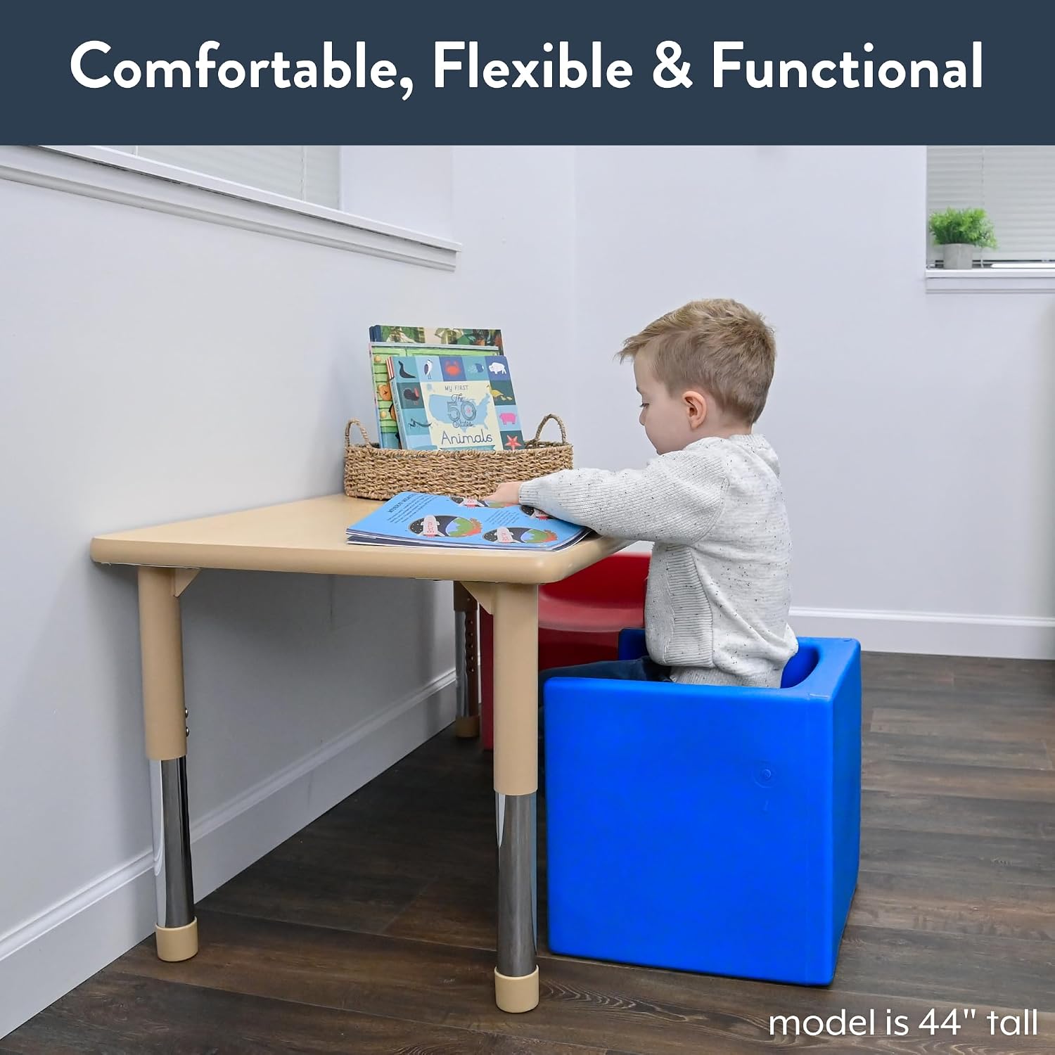 Children's Factory Cube Chairs and Adapta-Bench Bundle, Kids Flexible Seating, Classroom, Preschool and Daycare Furniture, Indoor or Outdoor Toddler Chairs, 3 Pack in Blue