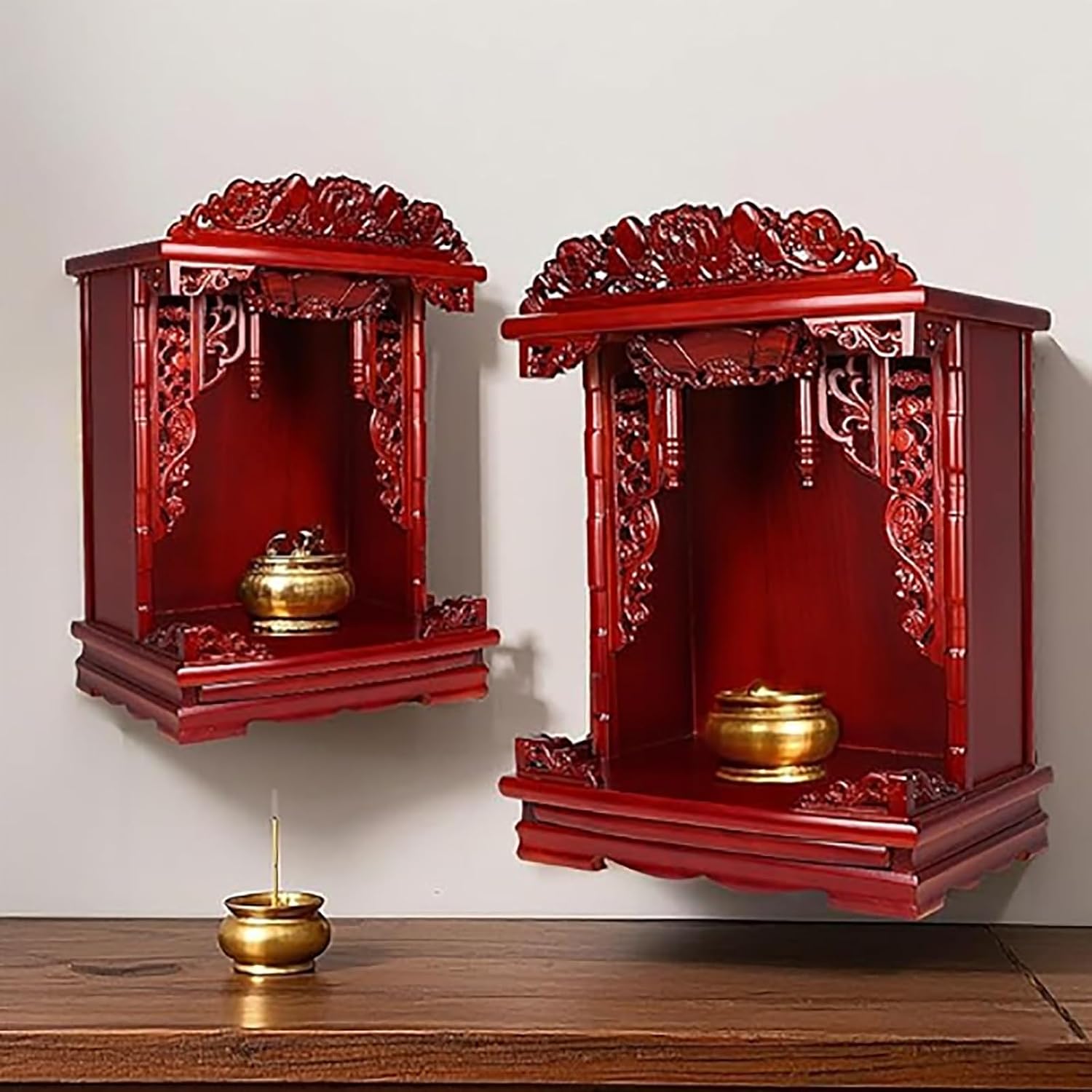 Wall Mounted Shrine Buddhist Altar, Solid Wood Meditation Altar Table, Buddha Cabinet, Personal Shrine Stand with Retractable Pull Plate, for Bedroom, Office(Red,42cm/16.5in)