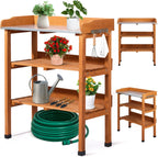 Outdoor Potting Bench Garden Work Station, Solid Wood Planting Table w/Sink Drawer Shelves,Metal Top, Folding Patio Furniture for Porch Balcony (29.1 x 14.2 x 35.6(Orange Yellow))