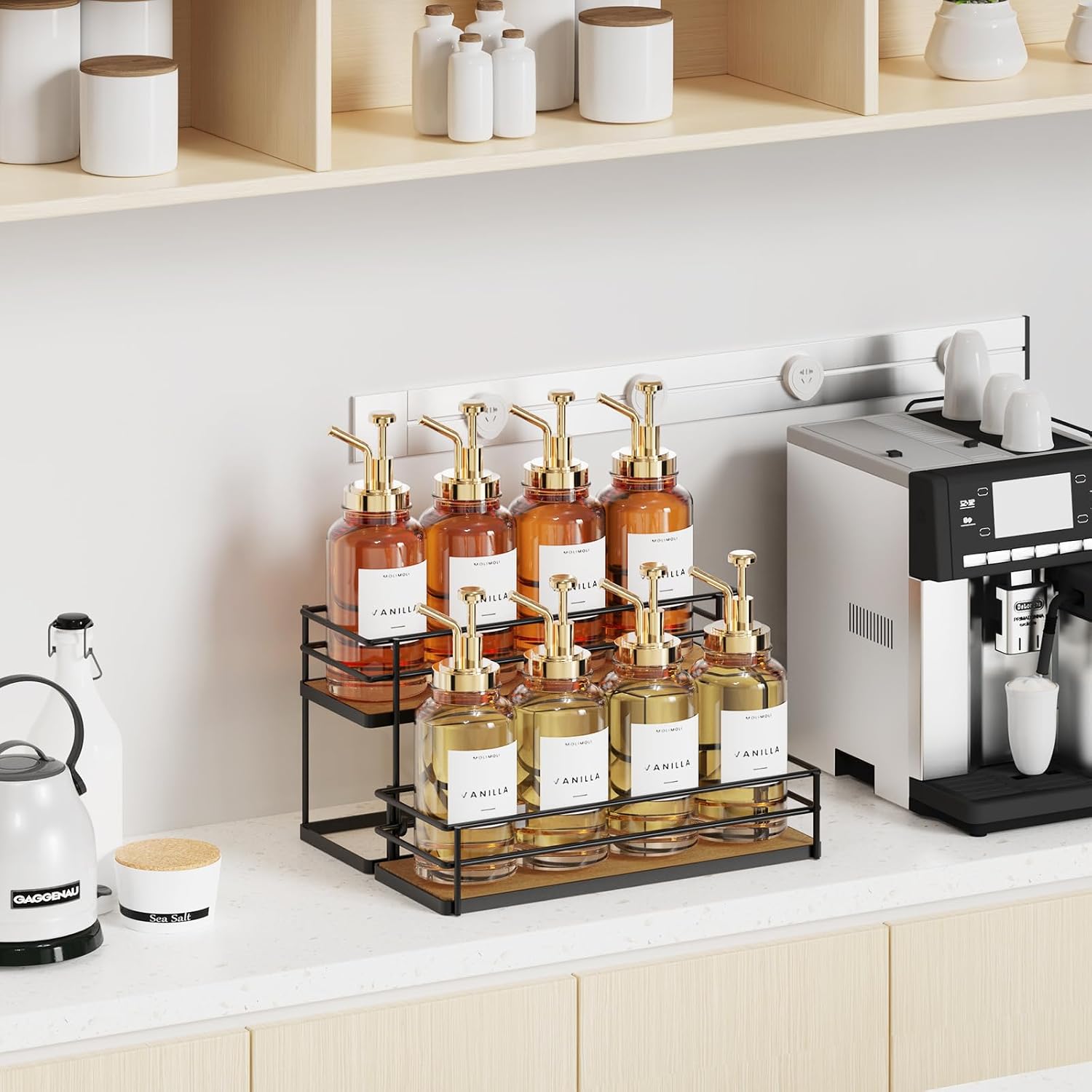 THYGIFTREE Coffee Syrup Rack Organizer 8 Bottle Syrup Holder Stand 2-Tier Syrup Storage Shelves Wine Rack for Kitchen Coffee Bar Station