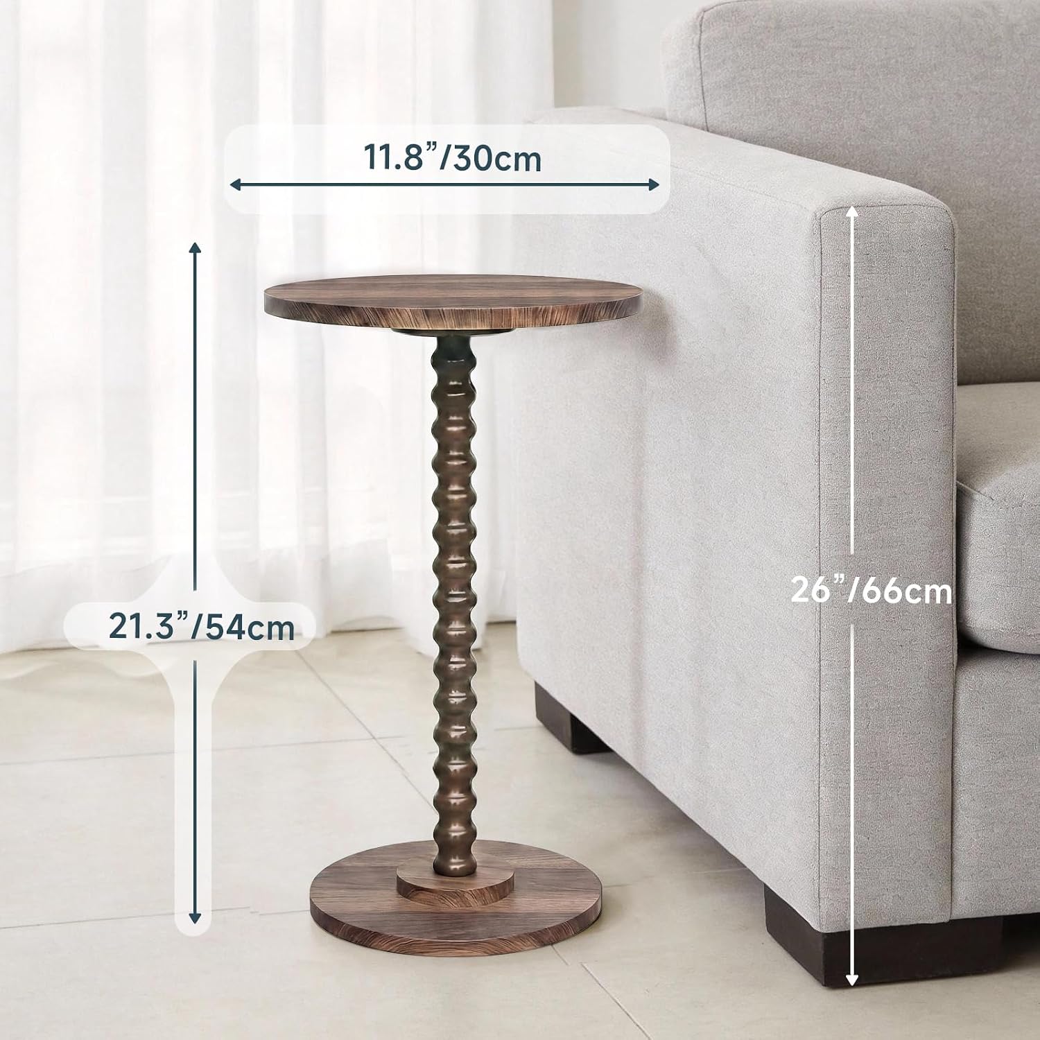 Round Side Table, Walnut Martini Drink Table for Small Spaces, Modern Pedestal Accent Tables with Wooden Leg, Small Round End Tables for Living Room, Bedroom, Balcony, Sofa Couch