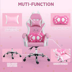 Pink Gaming Chair with Cat Paw Lumbar Cushion and Cat Ears, Reclining PC Game Computer Chairs, Ergonomic Gamer Chair for Kids, Girls, Teens