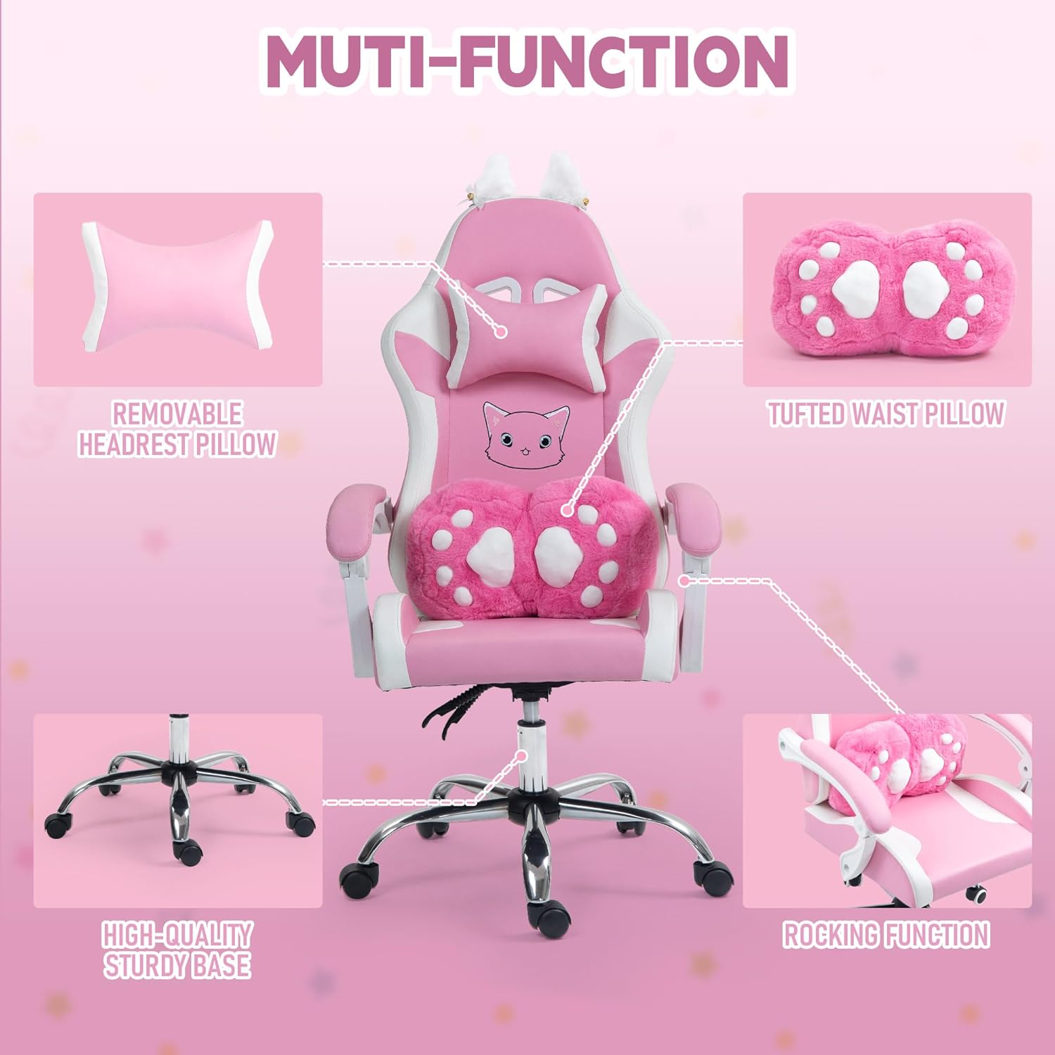 Pink Gaming Chair with Cat Paw Lumbar Cushion and Cat Ears, Reclining PC Game Computer Chairs, Ergonomic Gamer Chair for Kids, Girls, Teens