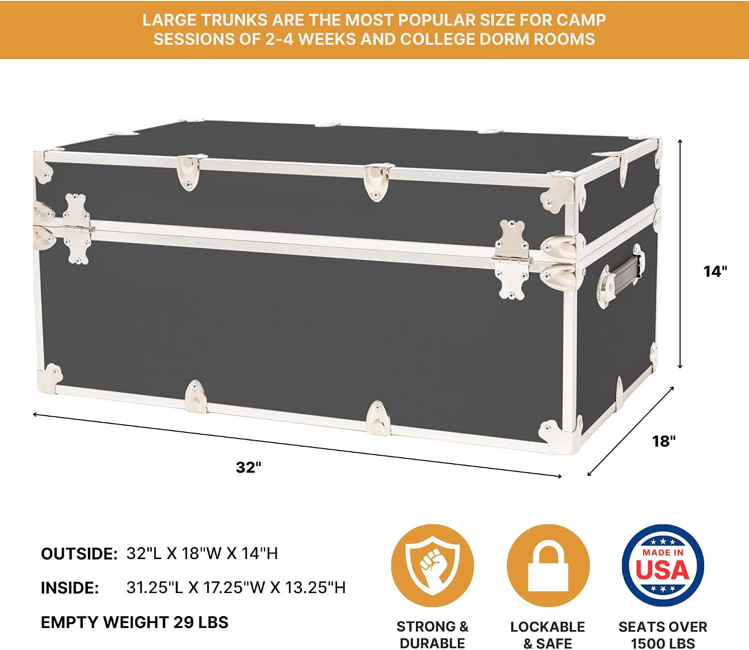Rhino Classic Large Trunk with Wheels for Camp & College, Footlocker Chest | 32"L x 18"W x 14"H, 1500+ lb Capacity, Baltic Birch Plywood, Nickel Plated Steel, Lockable