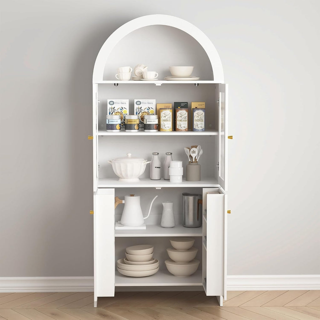 Spaco 69" Tall Arched Kitchen Pantry Cabinet with Led Lights,Wood Fluted Kitchen Storage Cabinet with 5-Tiers Storage Shelves,Modern Versatile Cupboard with Glass Doors for Dining Room. (White)