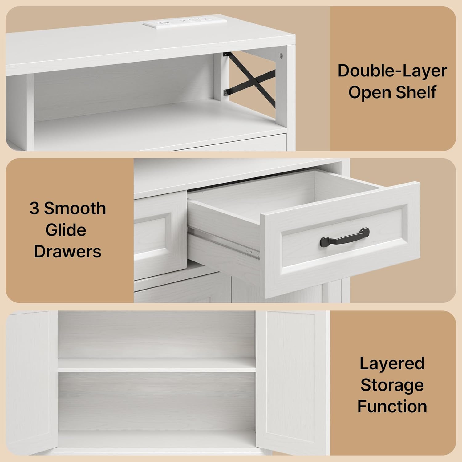 Ahomly 51" Buffet Cabinet with Adjustable Storage, Charging Port - 3 Drawers & 4 Doors Large Sideboard, Multi - Scene Coffee Bar/Microwave Stand for Kitchen,Living Room,Entryway（White）