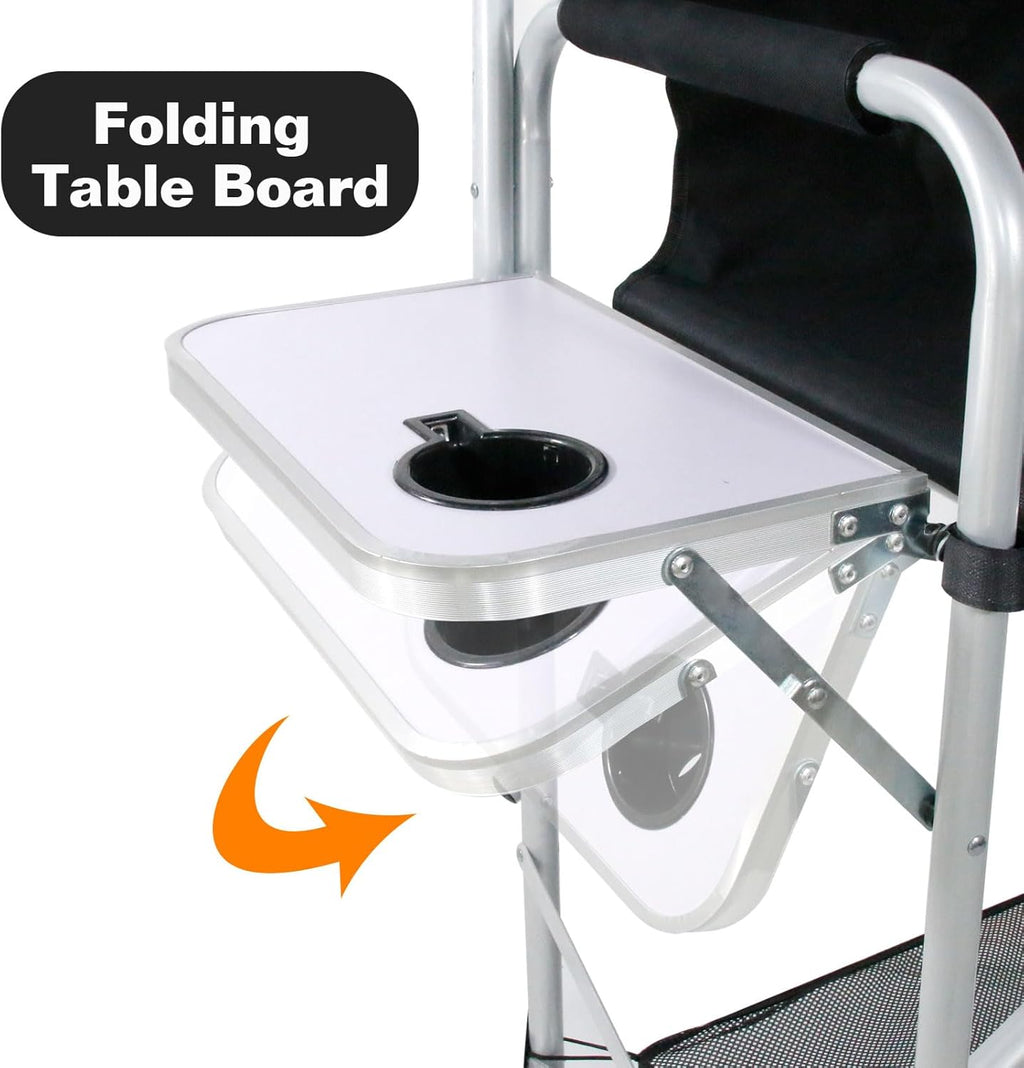 Makeup Chair for Makeup Artist 45.6'', Tall Directors Chairs Foldable for Clients with Side Table Cup Holder Storage Bag and Footrest, Folding Chair 400lbs Capacity Black