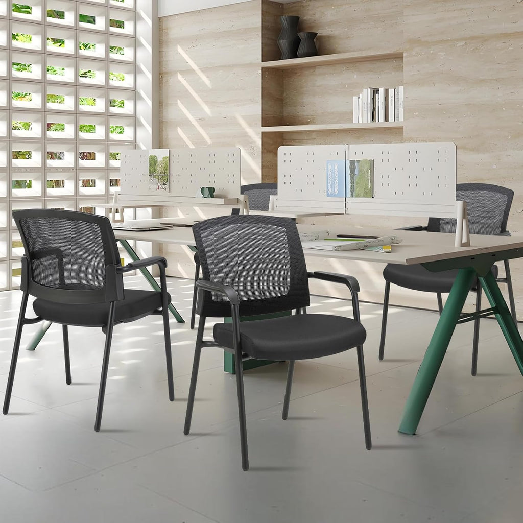 CLATINA Stacking Chairs Set of 4, Stackable Waiting Room Chairs No Wheels with Armrest, Ergonomic Mesh Office Reception Guest Chair for Home Conference Lobby Church School Meeting Training, Black