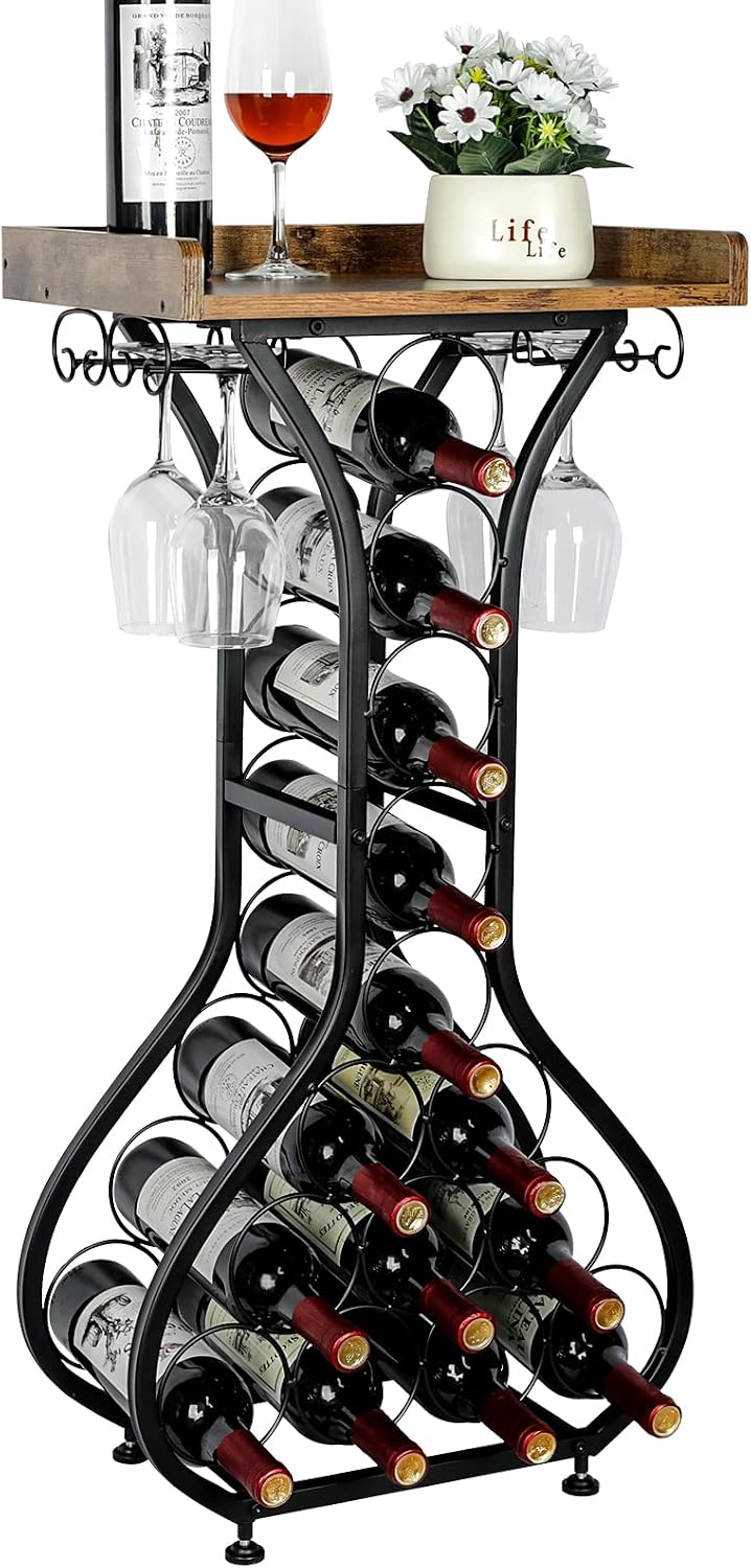 X-cosrack Wine Rack Freestanding Floor, Mini Bar Table Wine Holder Stand Liquor Cabinet with Glass Holder Wood Tabletop 14 Bottles Floor Wine Storage for Home Bar Kitchen Living Room
