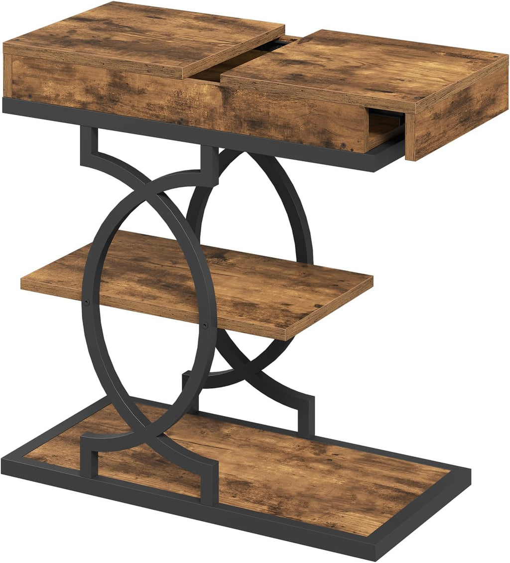 YATINEY End Table, 4-Tier Side Table with Hidden Drawer for Living Room | Storage Shelves, Sturdy Curved Metal Frame, Retro Panels, Stylish Design,Wooden Nightstand