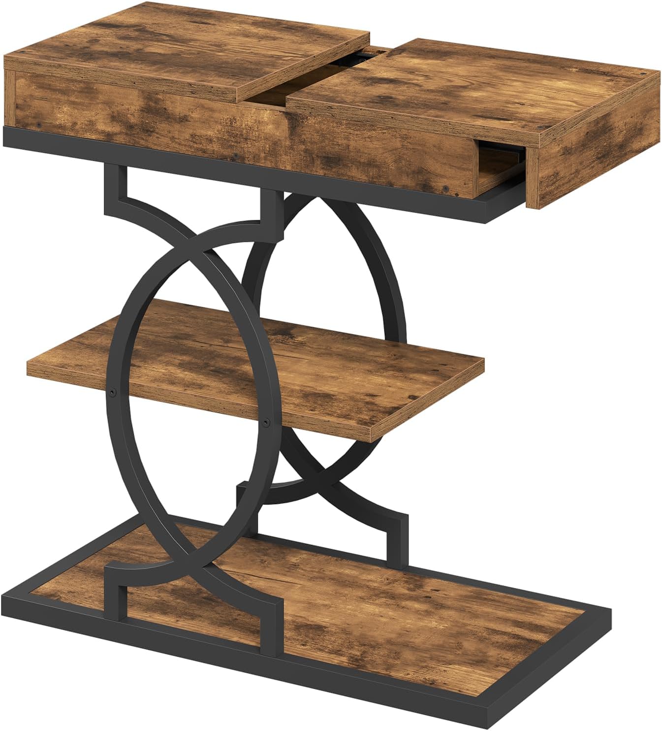 YATINEY End Table, 4-Tier Side Table with Hidden Drawer for Living Room | Storage Shelves, Sturdy Curved Metal Frame, Retro Panels, Stylish Design,Wooden Nightstand