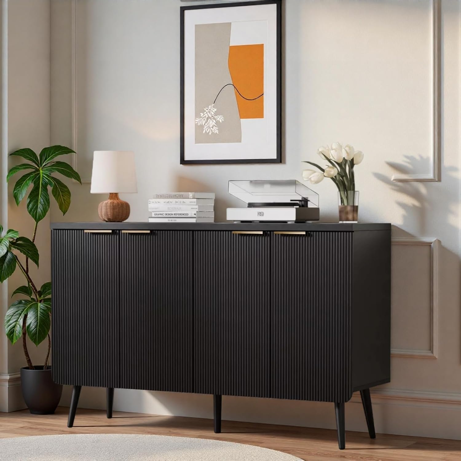 47.2" Modern Fluted Sideboard Cabinet with 4 Doors, Wood Storage Credenza with Shelves, Multi-Purpose Buffet Cabinet for Entryway, Dining & Living Room, Black