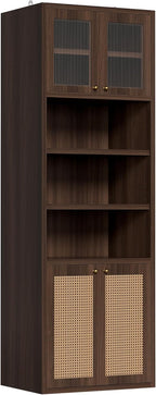 71.3''Tall Kitchen Pantry Cabinet with Oversized Open Shelf & Coffee Station,Tall Extra Deep Enclosed Storage, Fluted Rattan Doors,Adjustable Shelves, Anti-Tip, for Multi-Room Use,Brown