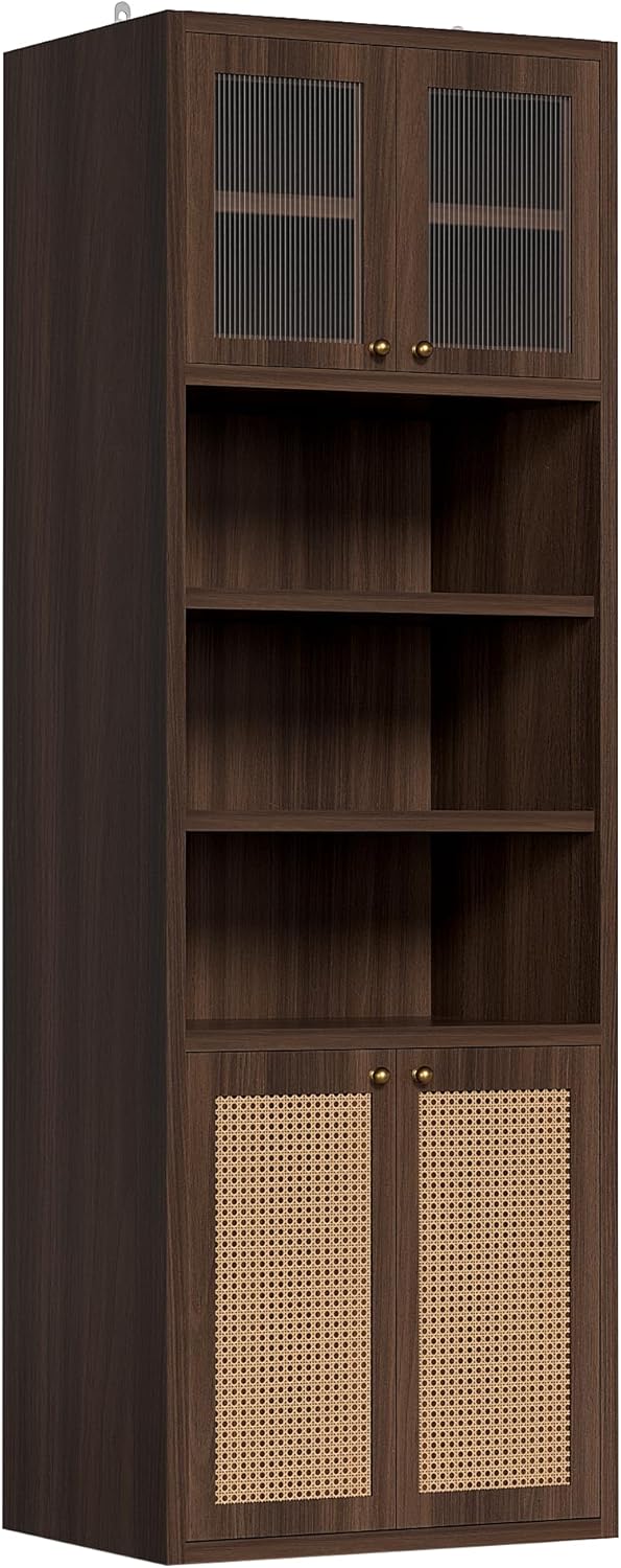 71.3''Tall Kitchen Pantry Cabinet with Oversized Open Shelf & Coffee Station,Tall Extra Deep Enclosed Storage, Fluted Rattan Doors,Adjustable Shelves, Anti-Tip, for Multi-Room Use,Brown