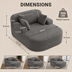 Oversized Chaise Lounge Chair Indoor, Boneless Couch Cloud Chair with 3 Comfy Pillows, Corduroy High-Density Foam Reading Chair, Wide Arms Bed Sleeper Sofa for Living Room Bedroom Relaxing