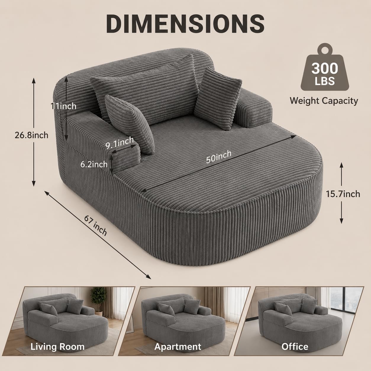 Oversized Chaise Lounge Chair Indoor, Boneless Couch Cloud Chair with 3 Comfy Pillows, Corduroy High-Density Foam Reading Chair, Wide Arms Bed Sleeper Sofa for Living Room Bedroom Relaxing