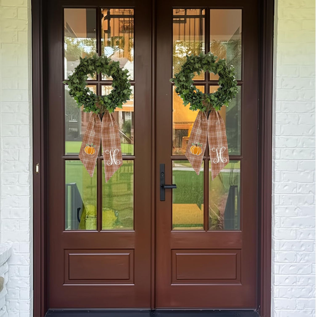 Autumn Door Wreath Sash Embroidered with White Letters and Pumpkins On A Plaid Wreath Sash Ideal for Housewarming Gifts, Autumn Thanksgiving, Halloween, and Christmas Porch Decorations -M
