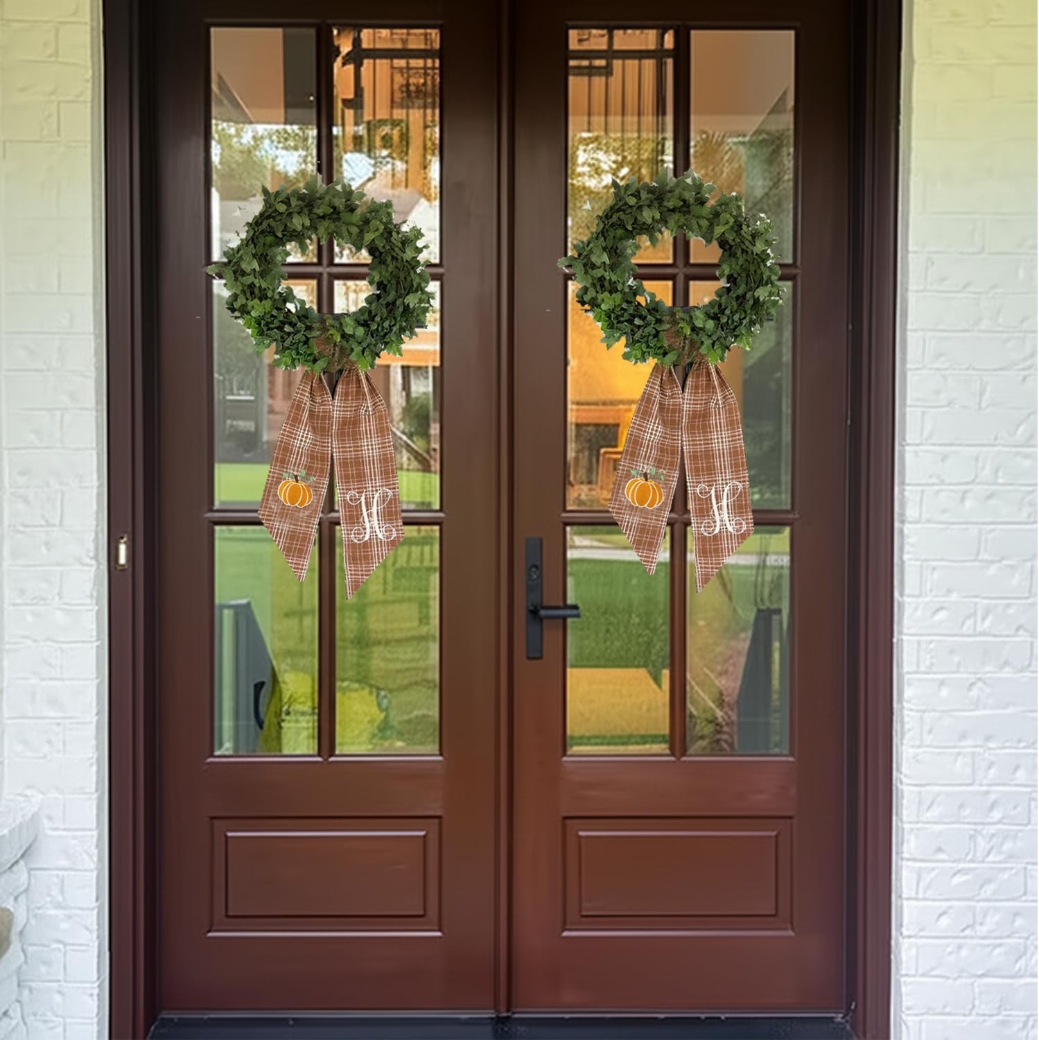 Autumn Door Wreath Sash Embroidered with White Letters and Pumpkins On A Plaid Wreath Sash Ideal for Housewarming Gifts, Autumn Thanksgiving, Halloween, and Christmas Porch Decorations -M