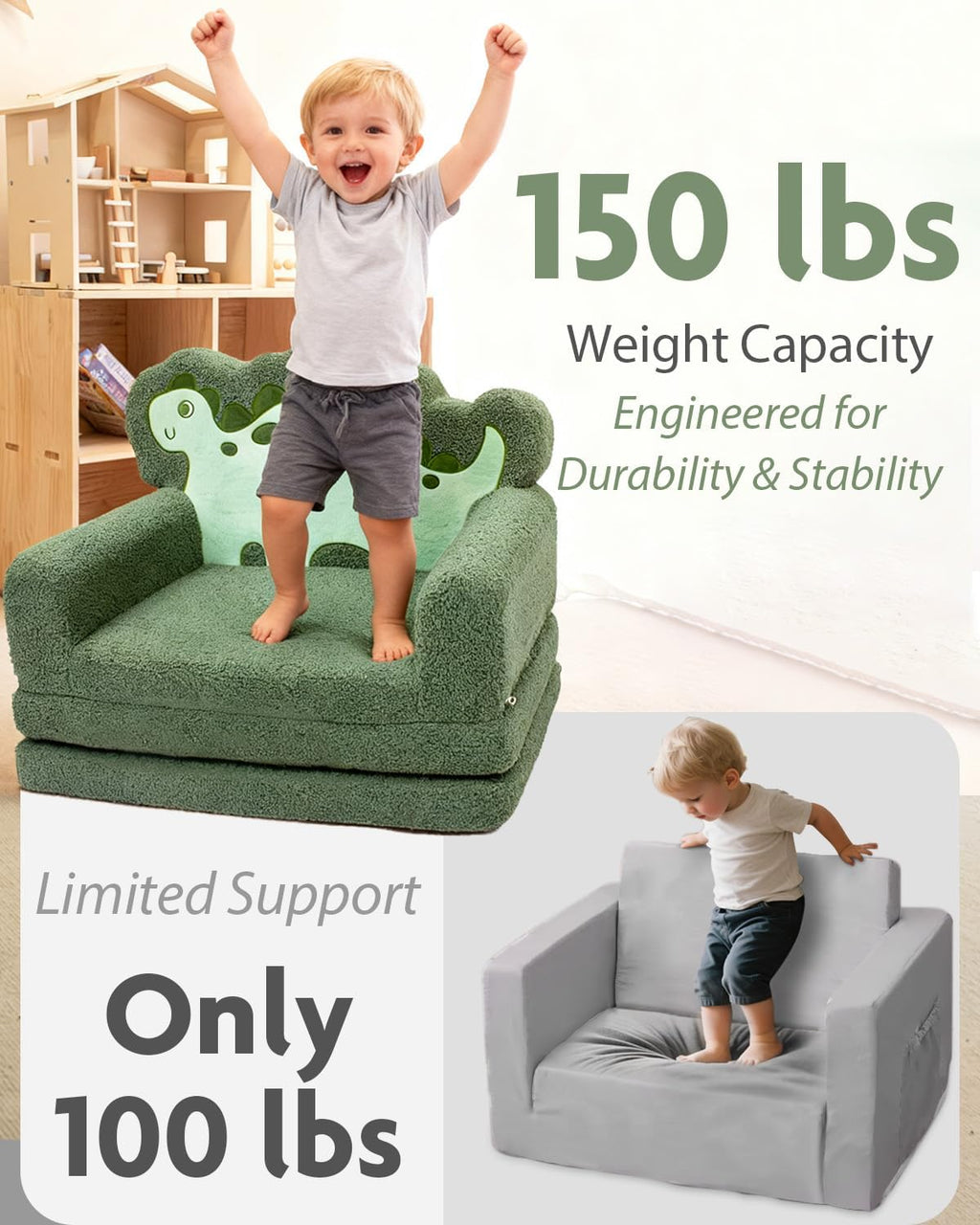 TinyPalsa Kids Couch, 2-in-1 Fold Out Sofa with Portable Handle, Comfy Lounger for up to 49" Tall, Green Dinosaur