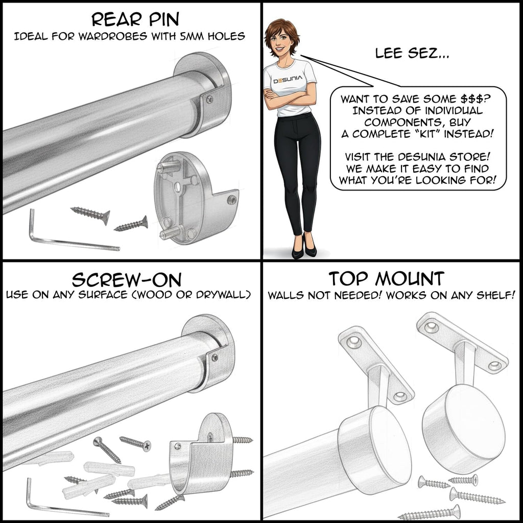 Closet Rod Support Flanges with Screw On Attachment | Heavy Duty Clothes Pole End Sockets for Wardrobes |Polished Chrome |4 Pair