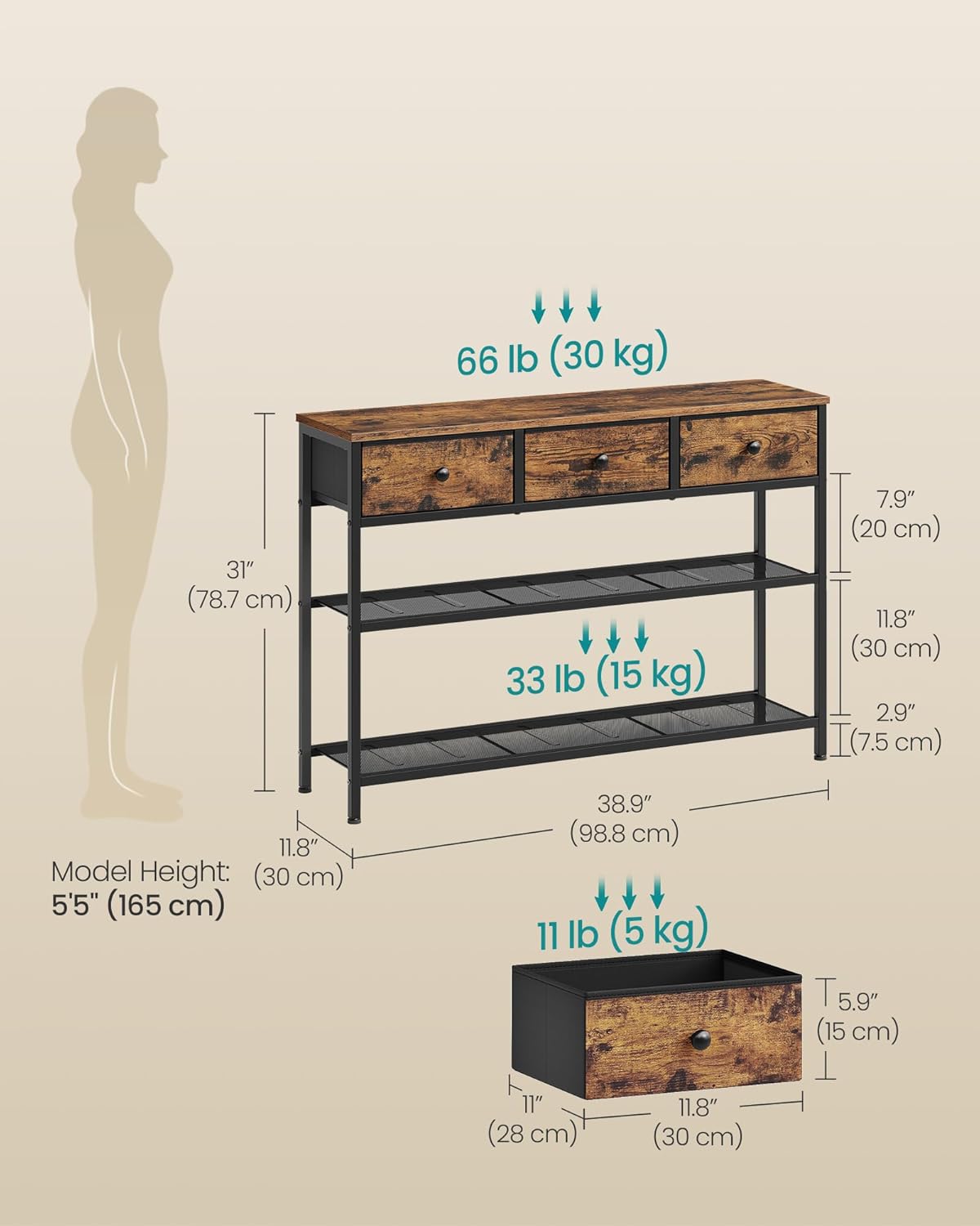 SONGMICS Console Table, Narrow Sofa Table with 2 Mesh Shelves for Entryway, Living Room, 11.8 x 38.9 x 31 Inches, 3 Fabric Drawers, Rustic Brown, BELLAH Collection ULGS098K101