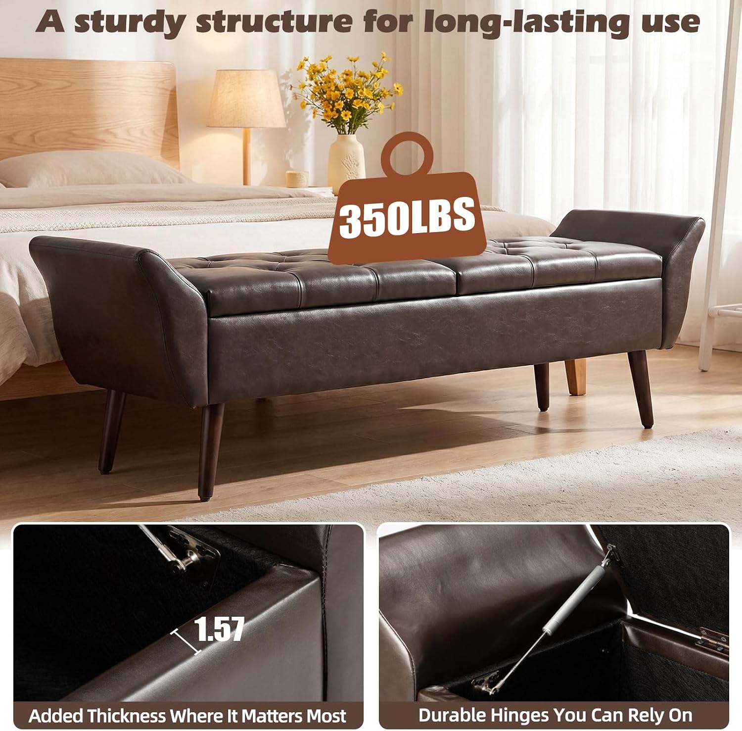 ZZW Storage Ottoman Bench 64’’Length 65L Faux Leather End of King Bed Bench
