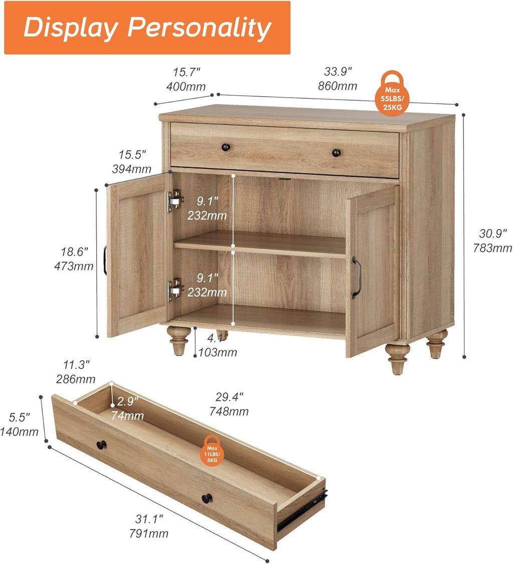 WAMPAT 34’‘ Oak Buffet Cabinet with Doors and Drawer, Wood Kitchen Storage Cabinet Modern Farmhouse Coffee Bar Table Sideboard Credenza for Dining Room