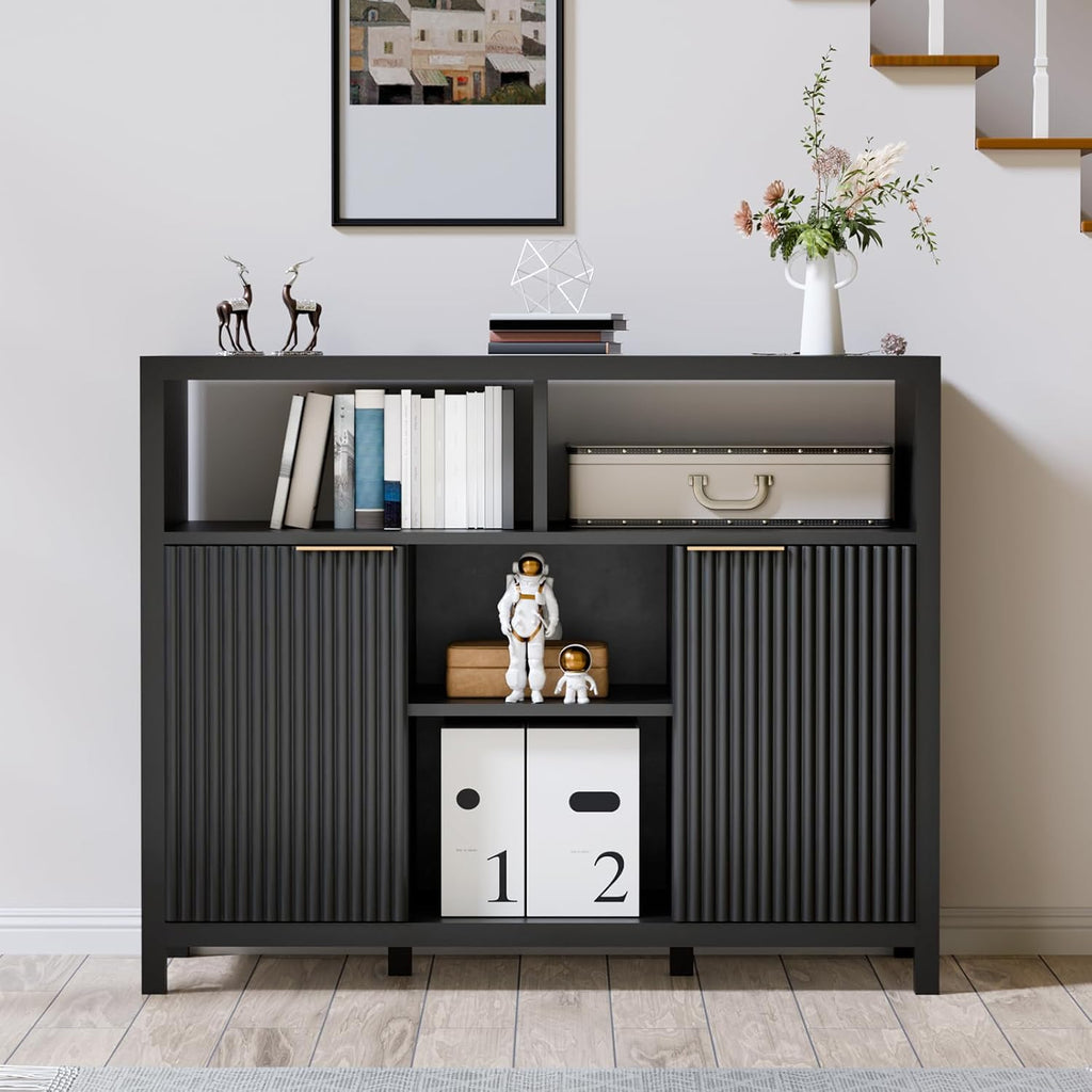 Sideboard Buffet Storage Cabinet, Modern Wood Sideboard with 2 Fluted Doors, Coffee Bar Buffet Table with 4 Large Open Shelf, Accent Storage Cabinet for Living Room Entryway, Black