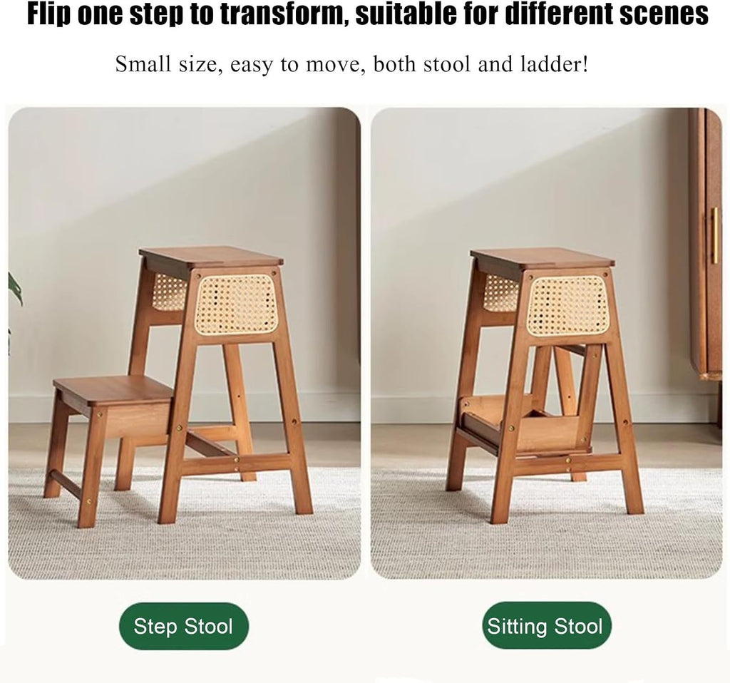 Bamboo Folding 2-Step Stool Safety Wide Stepping Surface Step Ladder with Step Pads Multi-Functional Simple Folding Stool for Bathroom Home Furnishing(Yellow)