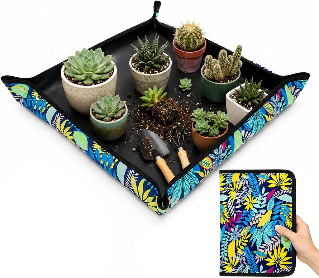 LIHAO Repotting Mat for Indoor Plants, 29.5 x 29.5 Inch Waterproof Oxford Potting Tray with Mess Control, Foldable Transplanting Tarp Gardening Gifts