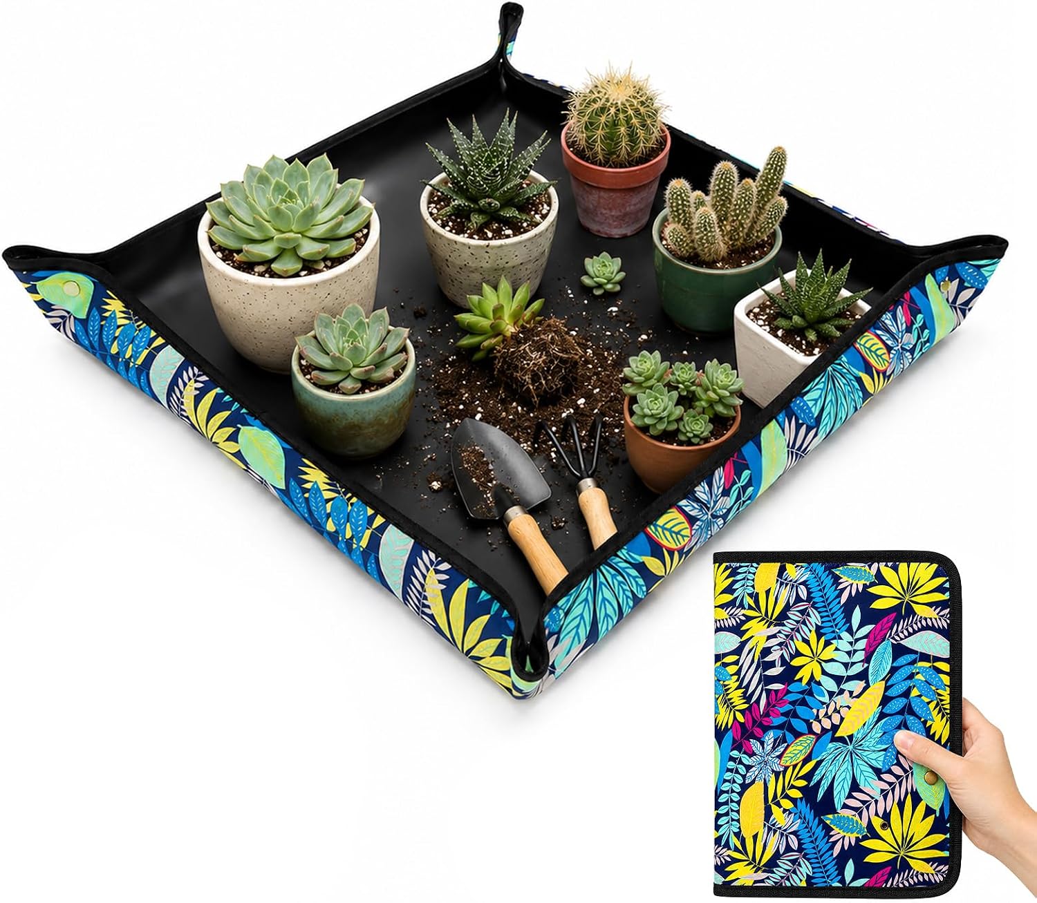 LIHAO Repotting Mat for Indoor Plants, 29.5 x 29.5 Inch Waterproof Oxford Potting Tray with Mess Control, Foldable Transplanting Tarp Gardening Gifts