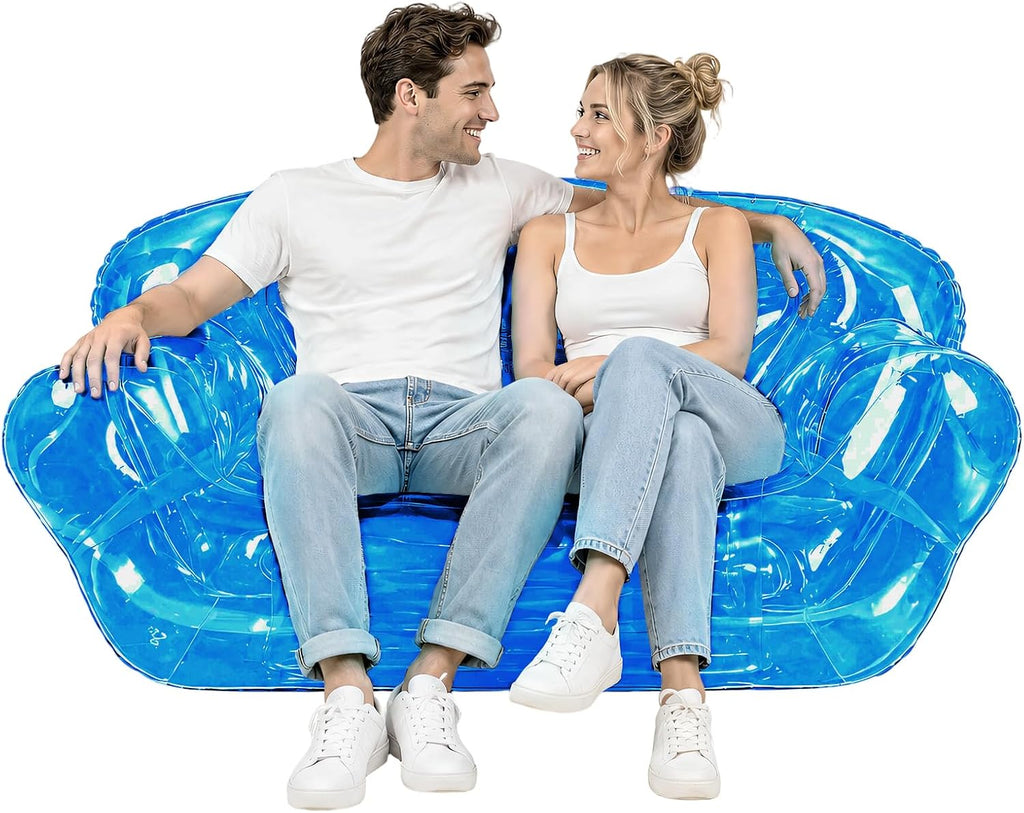 Double Seat Inflatable Couch Blow Up Couch for Camping, Outdoor Transparent Inflatable Sofa, Folding Portable Air Couches, Beach Blow Up Lounger Furniture for Adults Indoor Use for Movie Night Blue