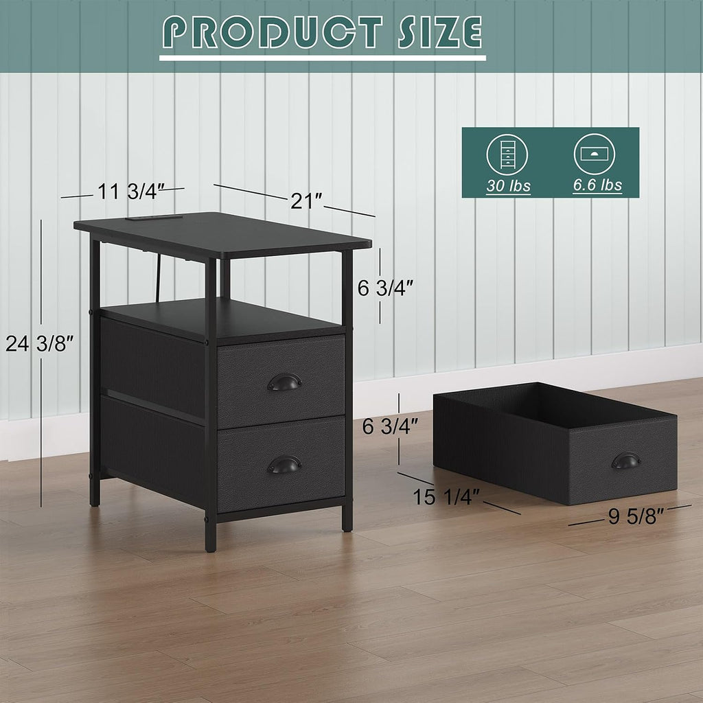 sthmec End Table with Charging Station, Narrow Side Table with 2 Drawers, LED Nightstands with Drawers, USB Ports & Power Oulets,Slim Sofa Side Tables for Small Spaces,Living Room,Bedroom, Black
