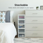 IRIS USA 6 Qt. Small Plastic Stacking Drawer, Stackable Storage Organizer Unit with Sliding Drawer for Bedroom Kitchen Under Sink Pantry Craft Room Dorm Office, White, 4-Pack