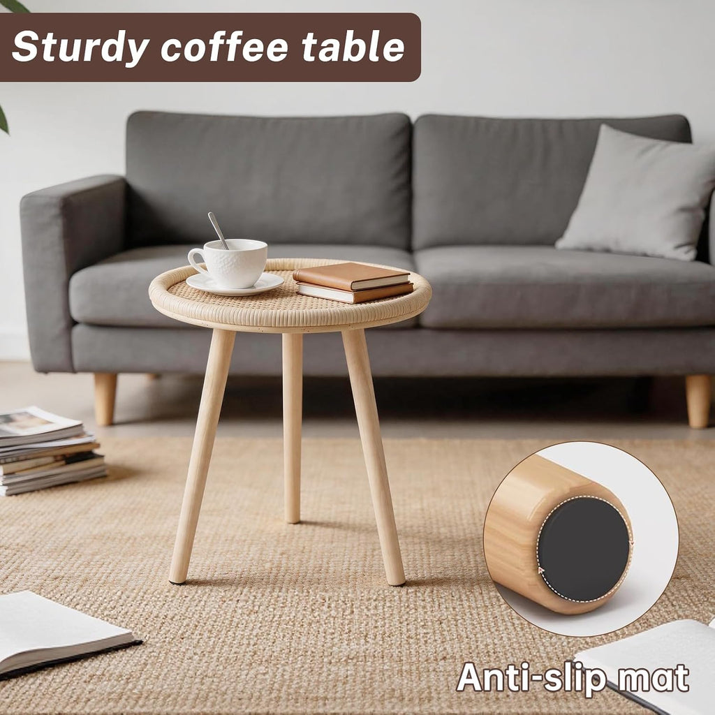 Small Rattan Side Table, Round Side Table for Living Room, Boho Wicker Coffee Table, Wooden Accent Table for Bedroom, Balcony, Small Space, Home Decor